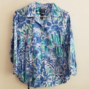 Chaps no iron blue watercolor print blouse petite